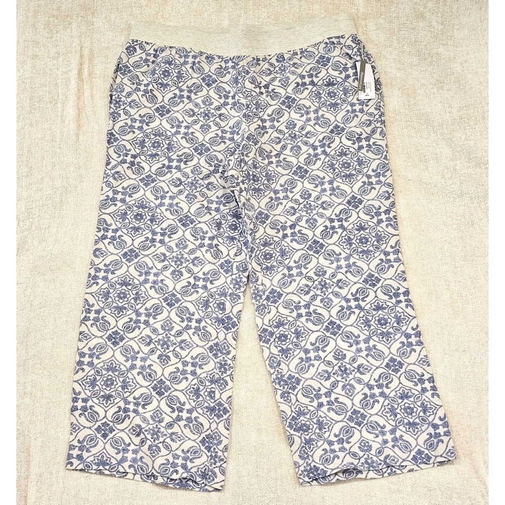 NWT Soft Surroundings Aliso Point White/Blue‎ Linen Wide Leg Pants Size 2XL